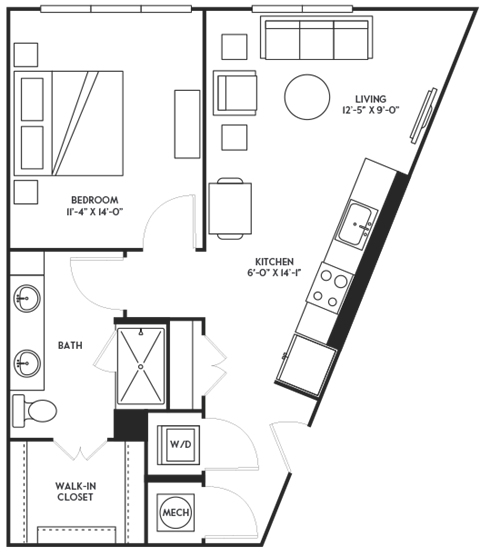 Floor plan for 1 bed, 1 bath, 721 sqft